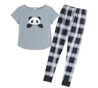MyFav Women's Pyjamas Set Cute Panda Printed Short Sleeve Top and Long Pants Soft Sleepwear 2 Piece Pjs Sets, Grey Panda,XL