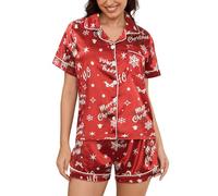 MyFav Women's Silk Satin Christmas Pyjamas Funny Print Short Sleeve Sleepwear Soft Button Down Pj Set 2 Piece Lounge Sets,Xmas Red,M