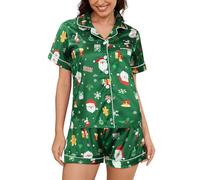 MyFav Women's Silk Satin Christmas Pyjamas Funny Print Short Sleeve Sleepwear Soft Button Down Pj Set 2 Piece Lounge Sets,Santa Claus,S
