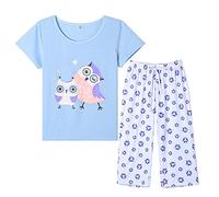 MyFav Women's Sleepwear Sung Comfy Cartoon Owl Printed Short Sleeve Pyjama Capri Set, Owl, X-Large
