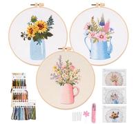 Myfelicity Complete Embroidery Kit - 3 Beautiful Patterns, Pre-Printed Fabric, Thread, 3 Hoops, 6 Needles, Instructions - DIY Gift for Beginners & Crafting Enthusiasts
