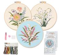 Myfelicity Embroidery Kit for Adults and Beginners, Includes 3 Floral Pattern Fabrics, 3 Embroidery Hoops, Embroidery Floss and otherTools.