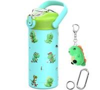 MYFOREST 14oz/400ml Insulated Kids Water Bottle, Odor-Free Surgical Grade Liner, Dishwasher-Safe, Name Spot, Soft Sipper for Teeth (Blue. Dinosaurs)