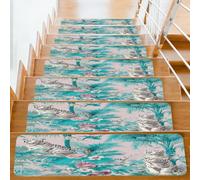 Myfsucce 1 Pcs Stair Tread - 20 X 76cm Non-Slip Stair Carpet Treads Reusable Peel and Stick Staircase Runner Rugs Covers for Elders, Kids and Pets,White Tigers Turquoise Tropical Plants
