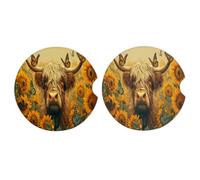 Myfsucce 2 Pack Car Cup Holder Coaster, Highland Cow Sunflowers Butterflies Absorbent Ceramic Car Coasters with Non-Slip Cork Base Cars Interior Accessories for Women Men