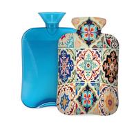 Myfsucce 2L Hot Water Bottle with Cover Art Mexican Ceramic Tile Boho Damask Print - Reusable PVC Hot Water Bag for Pain Relief, Cramps & Warmth (12.2x8in)