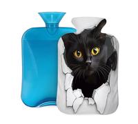 Myfsucce 2L Hot Water Bottle with Cover Black Cat Wall Print - Reusable PVC Hot Water Bag for Pain Relief, Cramps & Warmth (12.2x8in)