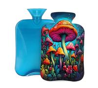 Myfsucce 2L Hot Water Bottle with Cover Fantasy Mushroom Print - Reusable PVC Hot Water Bag for Pain Relief, Cramps & Warmth (12.2x8in)