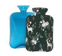 Myfsucce 2L Hot Water Bottle with Cover Flower Deer Animal Print - Reusable PVC Hot Water Bag for Pain Relief, Cramps & Warmth (12.2x8in)