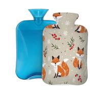 Myfsucce 2L Hot Water Bottle with Cover Fox Cherry Leaves Snowflake Print - Reusable PVC Hot Water Bag for Pain Relief, Cramps & Warmth (12.2x8in)