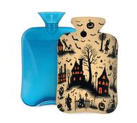Myfsucce 2L Hot Water Bottle with Cover Halloween Bats Castle Tree Print Print - Reusable PVC Hot Water Bag for Pain Relief, Cramps & Warmth (12.2x8in)