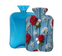 Myfsucce 2L Hot Water Bottle with Cover Red Roses Baby's Breath Blue Wood Print - Reusable PVC Hot Water Bag for Pain Relief, Cramps & Warmth (12.2x8in)