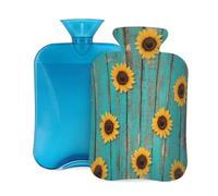 Myfsucce 2L Hot Water Bottle with Cover Sunflower Turquoise Wood Print - Reusable PVC Hot Water Bag for Pain Relief, Cramps & Warmth (12.2x8in)