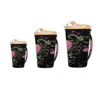 Myfsucce 3 Pack Reusable Iced Coffee Cup Sleeve with Handle for 16-32oz, Pink Heart Green Vine Neoprene Insulated Coffee Cup Sleeve for Iced and Hot Beverage