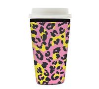 Myfsucce Coffee Cup Sleeve Reusable, Neoprene Iced Coffee Sleeve with Pink Yellow Leopard Print, 2mm Thickness, 22-24 Oz Size