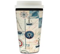 Myfsucce Coffee Cup Sleeve Reusable, Neoprene Iced Coffee Sleeve with Vintage Marine Sailing Compass Print, 2mm Thickness, 32 Oz Size