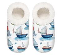 Myfsucce Fluffy Slippers Women and Mens, Non-Slip Indoor House Slippers with Nautical Sailing Lighthouse Print, Cozy Home Slipper Size XXL (UK 10.5-12)