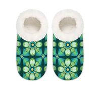 Myfsucce Fluffy Slippers Women and Mens, Non-Slip Indoor House Slippers with Retro Groovy Green Flower Print, Cozy Home Slipper Size L (UK 6-6.5)