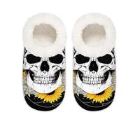Myfsucce Fluffy Slippers Women and Mens, Non-Slip Indoor House Slippers with Sunflower Sugar Skull Print, Cozy Home Slipper Size L (UK 6-6.5)