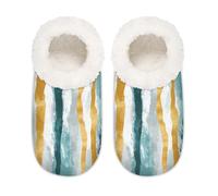 Myfsucce Fluffy Slippers Women and Mens, Non-Slip Indoor House Slippers with Teal Gold Striped Texture Print, Cozy Home Slipper Size XL (UK 9-10.5)