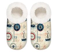 Myfsucce Fluffy Slippers Women and Mens, Non-Slip Indoor House Slippers with Vintage Marine Sailing Compass Print, Cozy Home Slipper Size XXL (UK 10.5-12)
