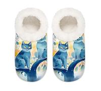 Myfsucce Fluffy Slippers Women and Mens, Non-Slip Indoor House Slippers with Watercolor Cats Tree Print, Cozy Home Slipper Size XXL (UK 10.5-12)