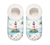 Myfsucce Fluffy Slippers Women and Mens, Non-Slip Indoor House Slippers with Watercolor Lighthouse Sailing Print, Cozy Home Slipper Size XL (UK 9-10.5)