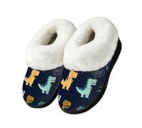 Myfsucce Fluffy Slippers Women Men Warm Cozy House Shoes with Closed Back | Plush Fuzzy Faux Fur Collar, Non-slip TPR Rubber Sole, Winter Indoor Outdoor - Cartoon Dinosaur Roar Pattern