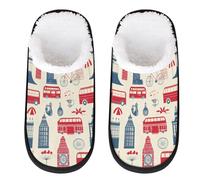 Myfsucce Mens Slippers Fluffy Cosy Warm Slippers for Women, London Icon Pattern Non-Slip Sole for House Indoor Shoes, UK Sizes 4-7, M
