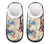 Myfsucce Mens Slippers Fluffy Cosy Warm Slippers for Women, Retro Eiffel Tower London New York City Non-Slip Sole for House Indoor Shoes, UK Sizes 4-7, M