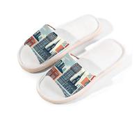 Myfsucce Open Toe Slippers Women, Non-Slip Comfortable Breathable Summer Linen Slider, British Icon Collage Pattern House Slippers for Women Men Indoor Outdoor, L