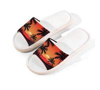 Myfsucce Open Toe Slippers Women, Non-Slip Comfortable Breathable Summer Linen Slider, Palm Trees Sunset Ocean House Slippers for Women Men Indoor Outdoor, L