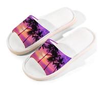 Myfsucce Open Toe Slippers Women, Non-Slip Comfortable Breathable Summer Linen Slider, Purple Sunset Palm Trees House Slippers for Women Men Indoor Outdoor, L