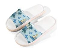 Myfsucce Open Toe Slippers Women, Non-Slip Comfortable Breathable Summer Linen Slider, Sailboat Palm Tree Blue Butterfly House Slippers for Women Men Indoor Outdoor, M