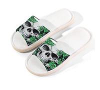 Myfsucce Open Toe Slippers Women, Non-Slip Comfortable Breathable Summer Linen Slider, Skull With Green Roses House Slippers for Women Men Indoor Outdoor, XL