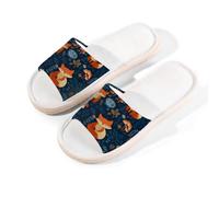 Myfsucce Open Toe Slippers Women, Non-Slip Comfortable Breathable Summer Linen Slider, Sleepy Fox Floral Navyblue House Slippers for Women Men Indoor Outdoor, M