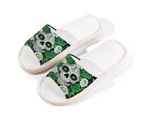 Myfsucce Open Toe Slippers Women, Non-Slip Comfortable Breathable Summer Linen Slider, Sugar Skull Green Roses House Slippers for Women Men Indoor Outdoor, L