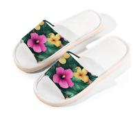 Myfsucce Open Toe Slippers Women, Non-Slip Comfortable Breathable Summer Linen Slider, Tropical Hibiscus Leaf Pattern House Slippers for Women Men Indoor Outdoor, XL