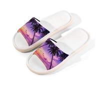 Myfsucce Open Toe Slippers Women, Non-Slip Comfortable Breathable Summer Linen Slider, Tropical Sunset Palm Trees House Slippers for Women Men Indoor Outdoor, L