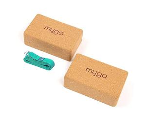 Myga Cork Yoga Blocks & Strap Set - 2 Natural Cork Bricks and Metal D Ring Belt for Yoga, Pilates and Fitness - Support and Deepen Poses, Non-Slip and Eco-Friendly for Home & Gym - Turquoise