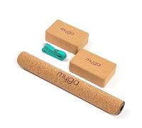 Myga Cork Yoga Starter Set - Cork Mat, 2 Blocks & Strap - Hot Yoga, Pilates & Fitness - Turquoise