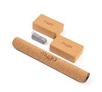 Myga Cork Yoga Starter Set - Cork Mat, 2 Blocks & Strap - Kit with Mat, 2 Bricks & Metal D Ring Belt for Hot Yoga, Pilates & Fitness - Home Studio Gift - Grey