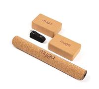 Myga Cork Yoga Starter Set - Cork Yoga Mat, 2 Cork Yoga Blocks and Yoga Strap - Starter Kit with Mat, 2 Bricks & Metal D Ring Belt for Hot Yoga, Pilates & Fitness - Home Studio Gift - Black