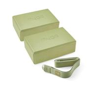 Myga Yoga Blocks & Strap Set - 2 High Density Foam Bricks and Metal D Ring Belt for Yoga, Pilates and Fitness - Support and Deepen Poses, Non-Slip and Lightweight for Home & Gym (Moss)