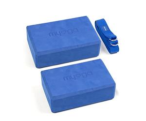 Myga Yoga Blocks & Strap Set - 2 High Density Foam Bricks and Metal D Ring Belt for Yoga, Pilates and Fitness - Support and Deepen Poses, Non-Slip and Lightweight for Home & Gym - Royal Blue
