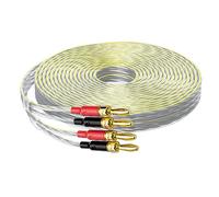 Mygatti 16/2 Speaker Flat Wire Cable with Banana Tip Plugs 35 FT, 16 Gauge AWG Wire, Tinned OFC Copper, Transparent Jacket with Yellow Polarity Marker, for Indoor & Outdoor, Hi-Fi Sound