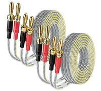 Mygatti 2 Pack 16/2 Speaker Flat Wire Cable with Banana Tip Plugs 4 FT, 16 Gauge AWG Wire, Tinned OFC Copper, Transparent Jacket with Yellow Polarity Marker, for Indoor & Outdoor, Hi-Fi