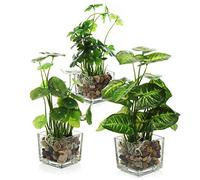 MyGift 3 x Artificial Plants Fake Greenery Table with Clear Glass Pots