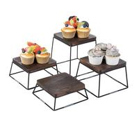 MyGift 6 Inch Square Display Risers for Food, Set of 4 Buffet Risers, Burnt Brown Solid Wood Top Riser with Matte Black Metal Wire Base, Dessert Table Display Cupcake Stands Set
