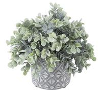 MyGift Artificial Potted Eucalyptus Boxwood Plant Faux Greenery in Modern Geometric Embossed Pattern Concrete Planter Pot